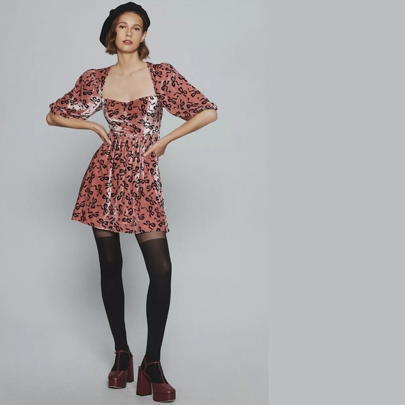 Anthropologie | Dresses | Anthropologie Maeve Womens Pink Bow Print  Sweetheart Velvet Mini Dress | Poshmark